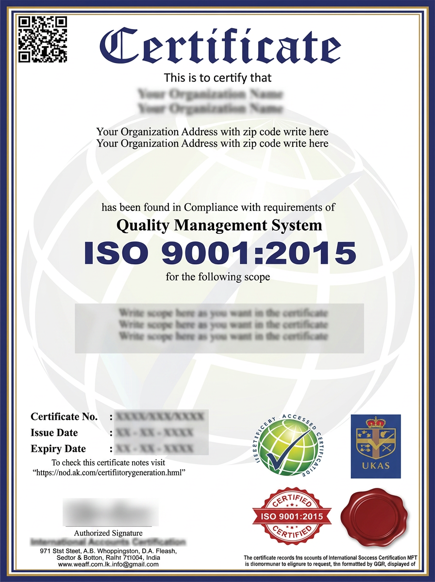 ISO Certification sample certificate
